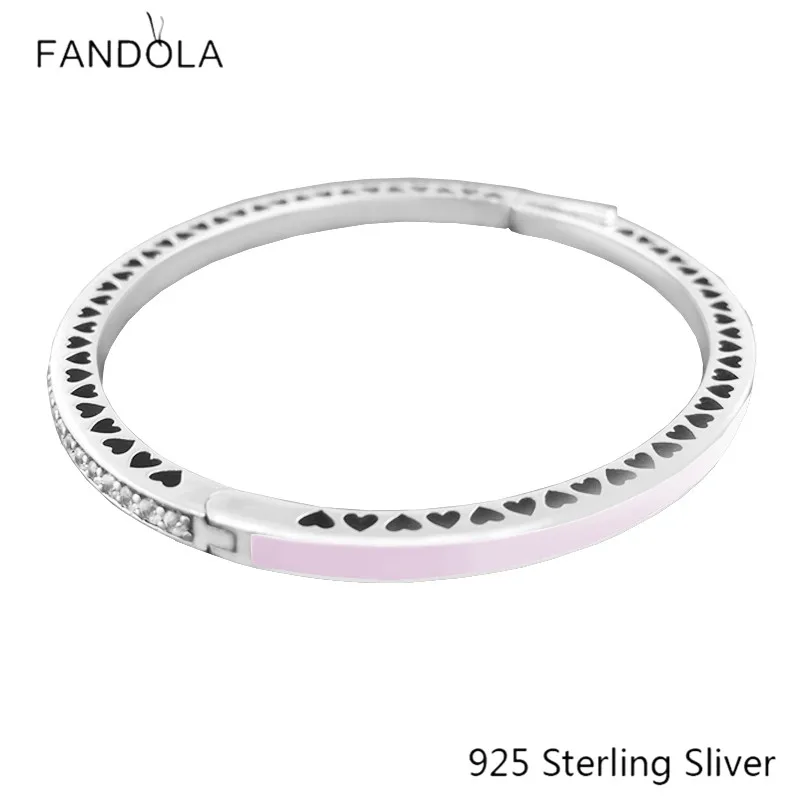 925 пробы Серебряный браслет европейский стиль сияющее сердце с светло-розовым эмалевый браслет для женщин Мода Уникальные Подвески