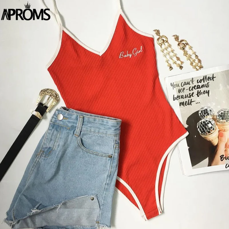 Aproms Bad Girls Embroidery Bodysuit Women White Strap Low Back Slim Romper Jumpsuit Black Overalls Streetwear Fashion Basic Top