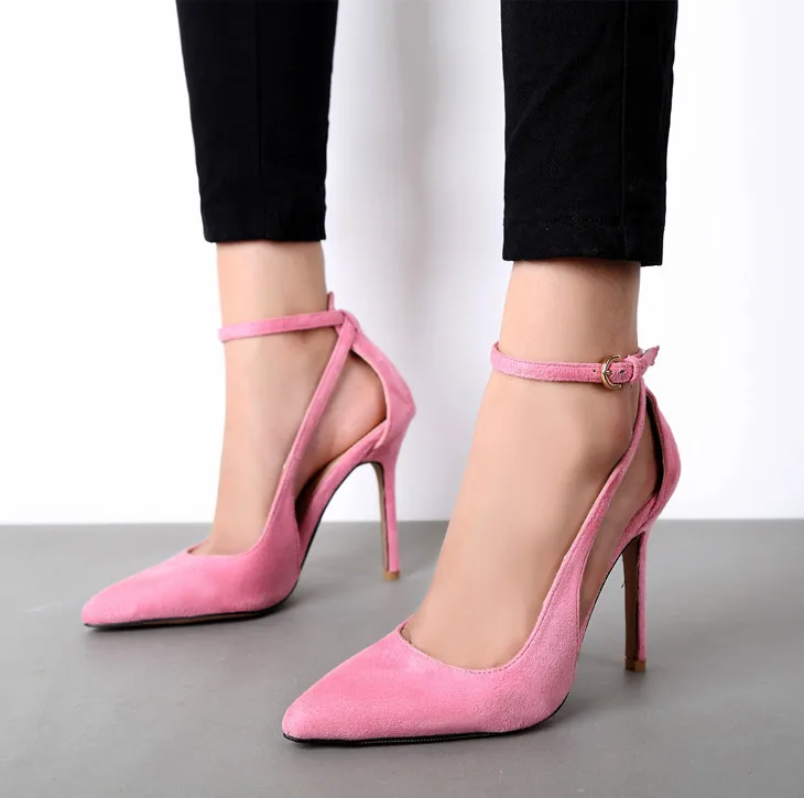 pink pointed heels with ankle strap