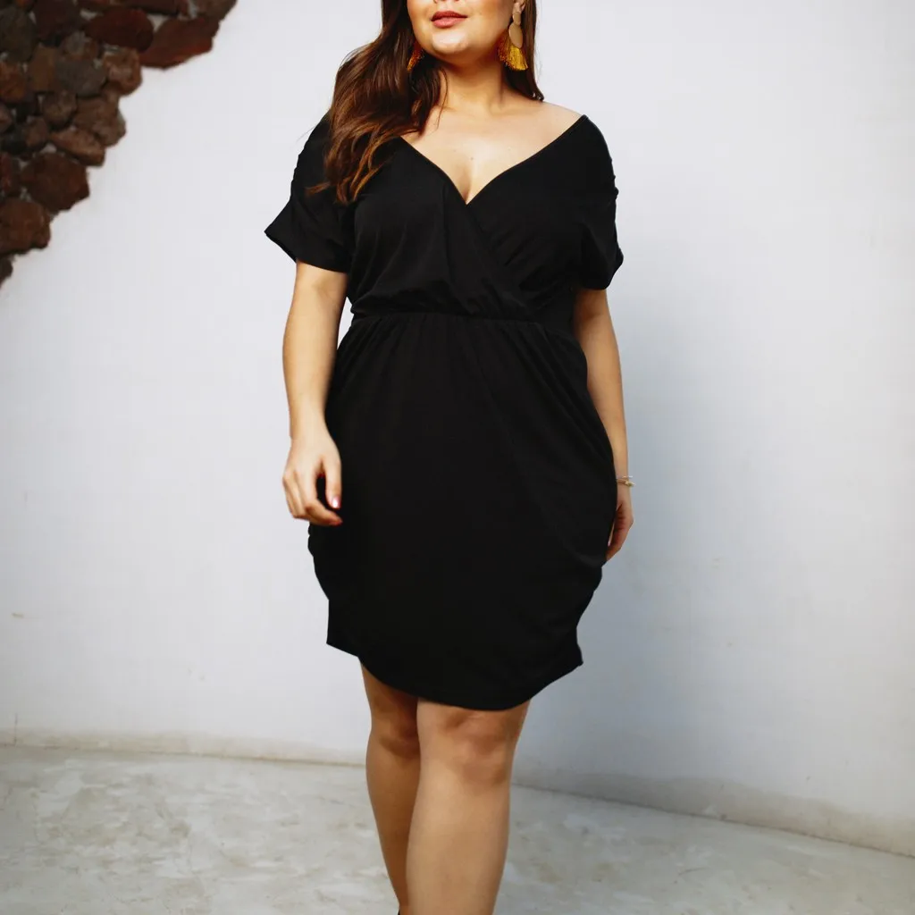 

MUQGEW women casual dress plus size 2019 Womens Solid V-Neck Bodycon Short Sleeve Mini Dress Ladies Summer Holiday Dress#G4