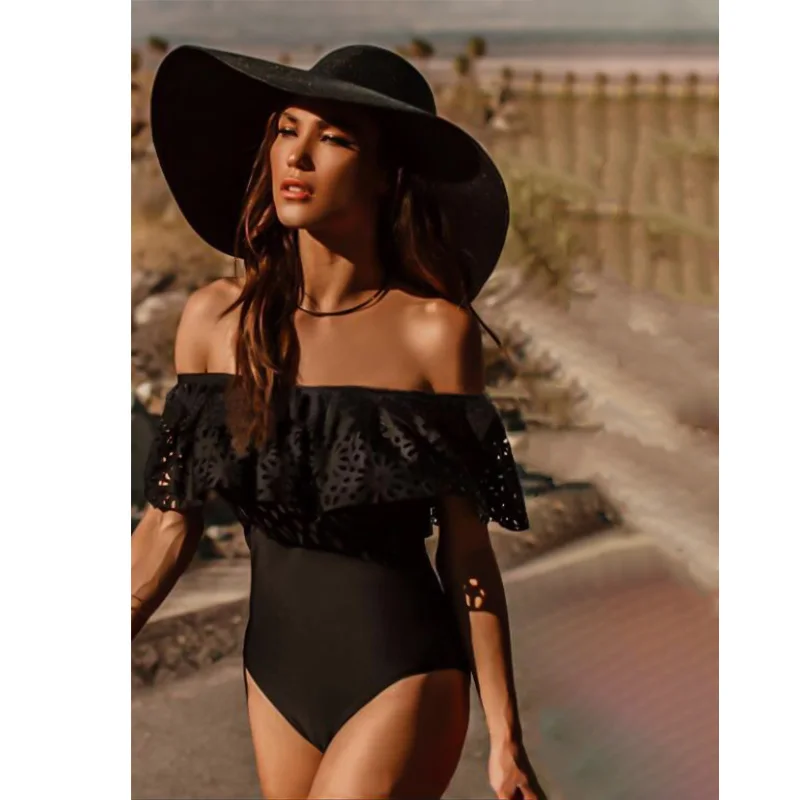 

Black White Frill A Whole Swimsuit Off Shoulder Bikini Bathing Suit Bikini Ruffles Swimwear Sea Costumes Bather Monokini Push Up