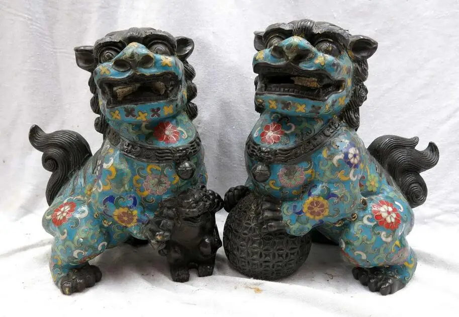 

free 8" China handmade bronze Cloisonne sculpture lucky Foo Dogs Lions pair Statue fast