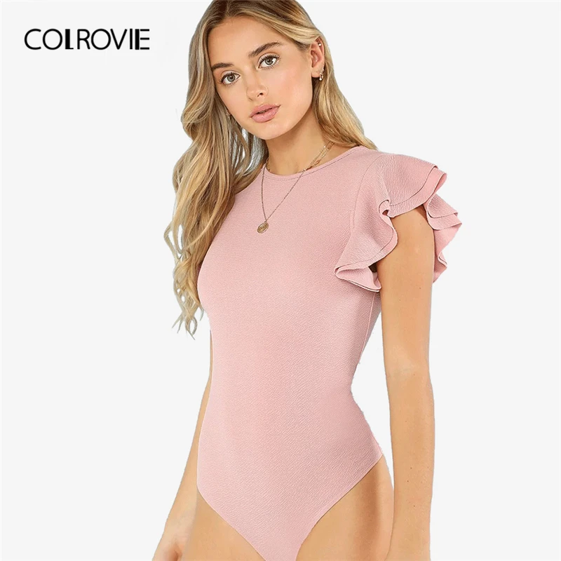 COLROVIE الوردي الصلبة الطبقات كشكش محكم أنيقة ارتداءها النساء 2019 الصيف عارضة قصيرة الأكمام نحيل السيدات حزب داخلية