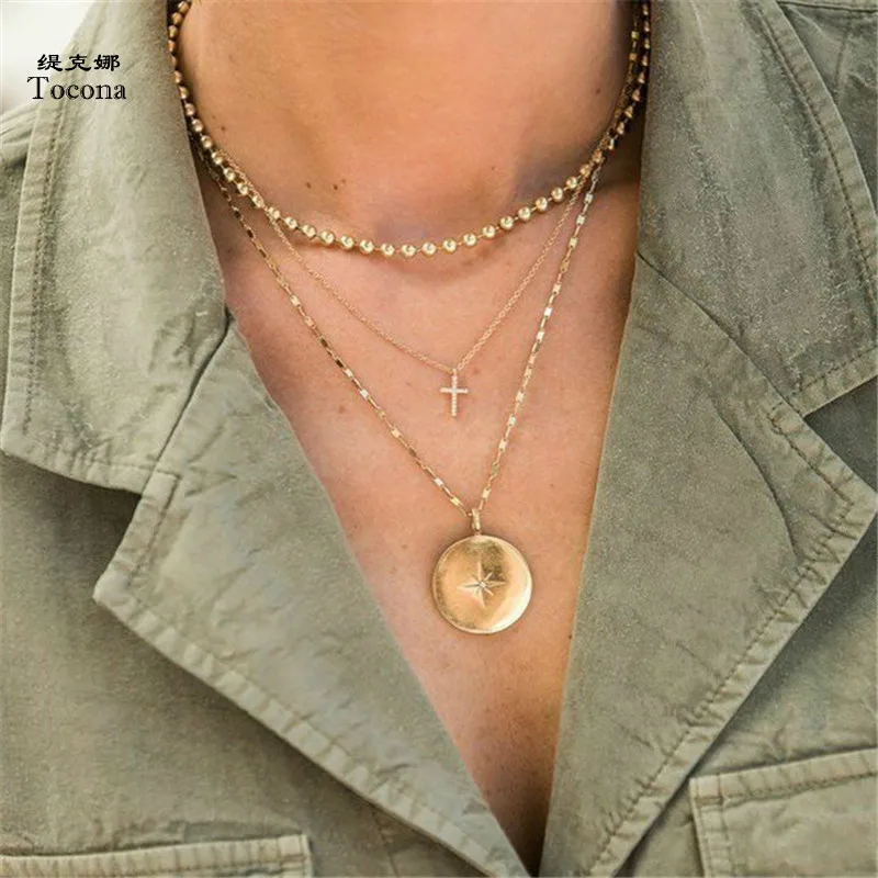 

Tocona Bohemian Star Cross Crystal Pendant Necklaces Gold Multi Layed Beaded Chain Necklace Choker Collar for Women Jewelry 6846
