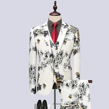 

3piece Suit Men Brand New Slim Fit Casual Terno Masculino Plus Size Luxury Floral Dress Suits One Button Host Stage Tuxedo 6XL-M