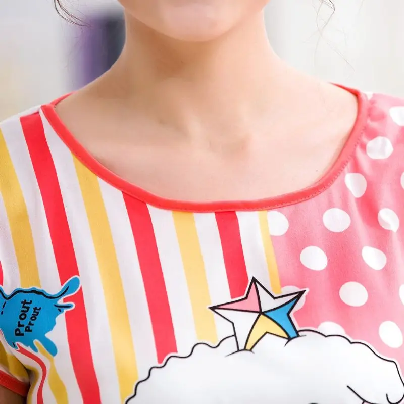 Женская ночная рубашка из молочного волокна с коротким рукавом для девочек, для студентов, милая двухсторонняя Пижама с рисунком животных из мультфильмов, свободная Пижама с разрезом по бокам
