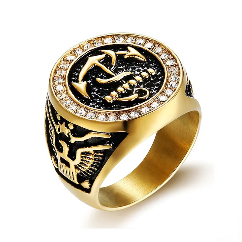 

Hip Hop Zircon CZ Pave US Navy Anchor Ring Chunky Gold Color Titanium Stainless Steel Round Rings for Men Jewelry Size 8-15