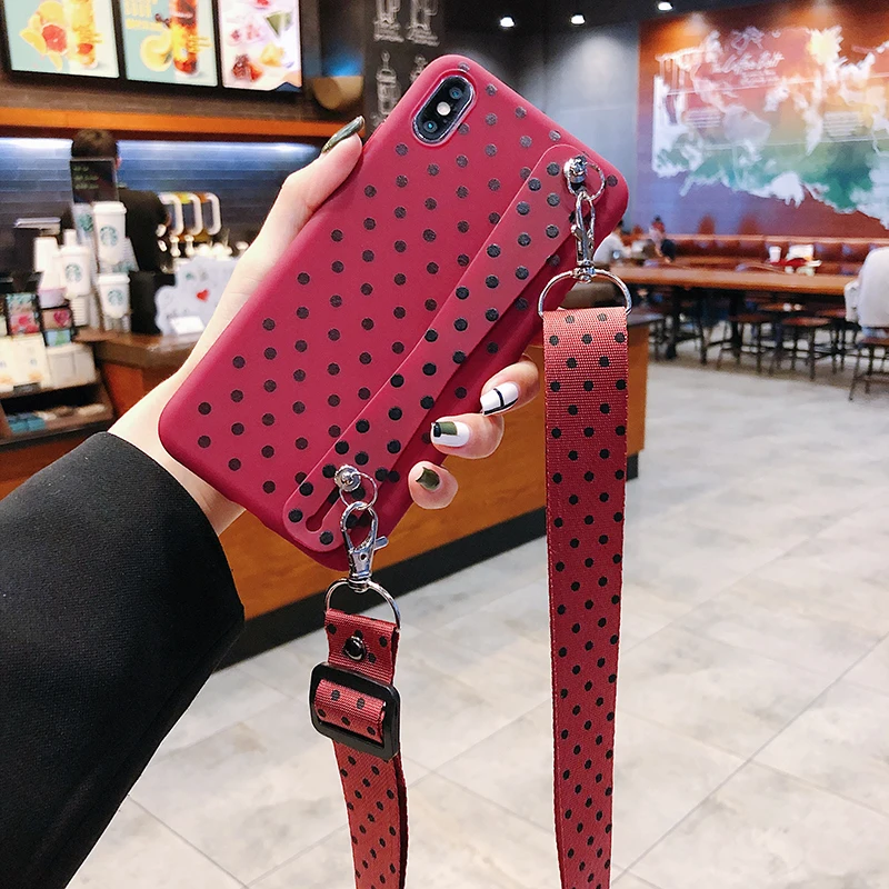 

Cute Dots Case with Neck Strap Lanyars for iPhone 6 plus 6 6s 7 8 7 plus Soft TPU Cover with Holder for iPhone XR XS X XS MAX