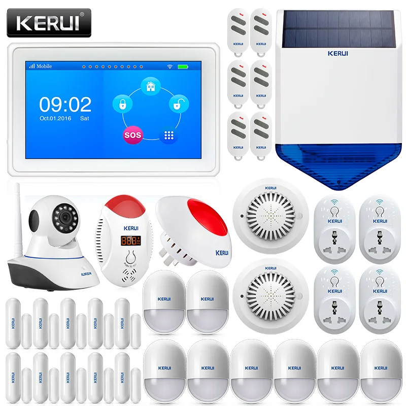 

KERUI K7 7 Inch TFT Color Display WIFI GSM Security Alarm System Smart WIFI Socket 720p IP Camera Smoke Detector APP Control