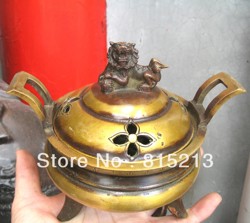 

bi0043 old Double ear foo dog lion cover Elegant censer bronze Statue