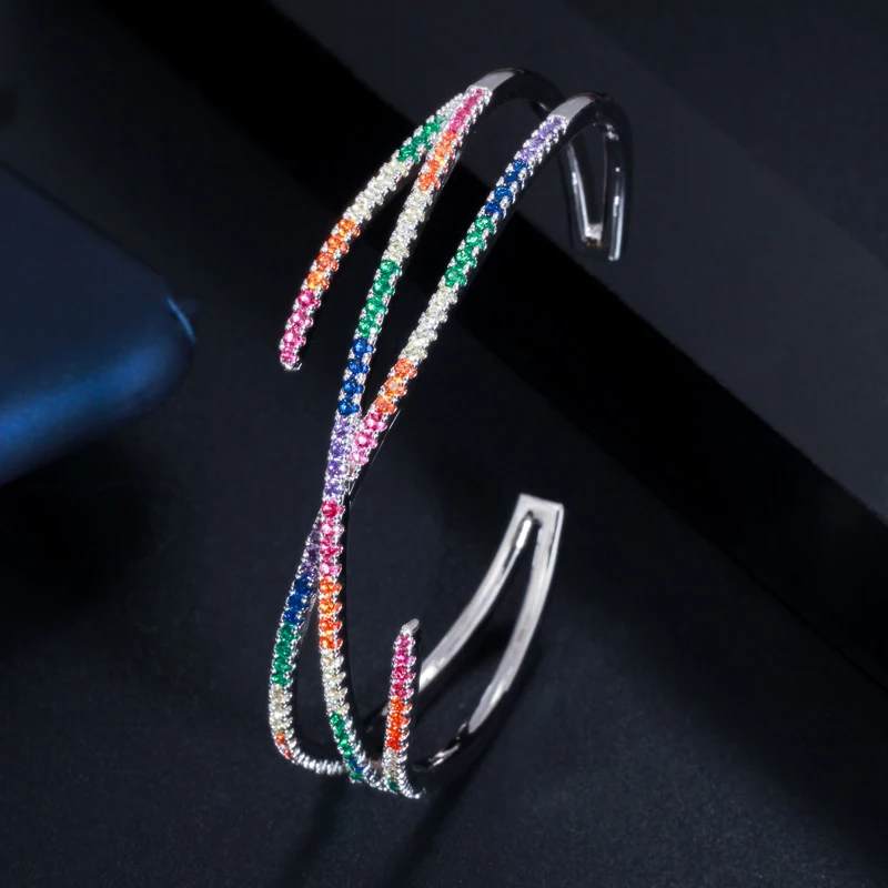 CWWZircons Adjustable Geometric Cross Rainbow Color Cubic Zirconia Luxury Big Wide Bracelet Bangles for Women Jewelry BG033