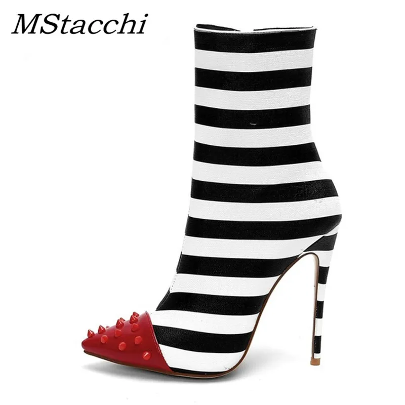 MStacchi/женские ботинки на высоком каблуке 12 см с заклепками в западном стиле; ботильоны на молнии в полоску; женская обувь для вечеринок
