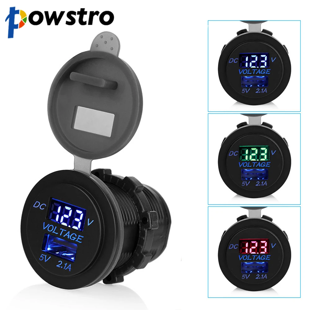 

Powstro 5V 2.1A USB Ports Car charger Voltage and current display car Vehicle Power Socket Adapter Waterproof Charging For phone