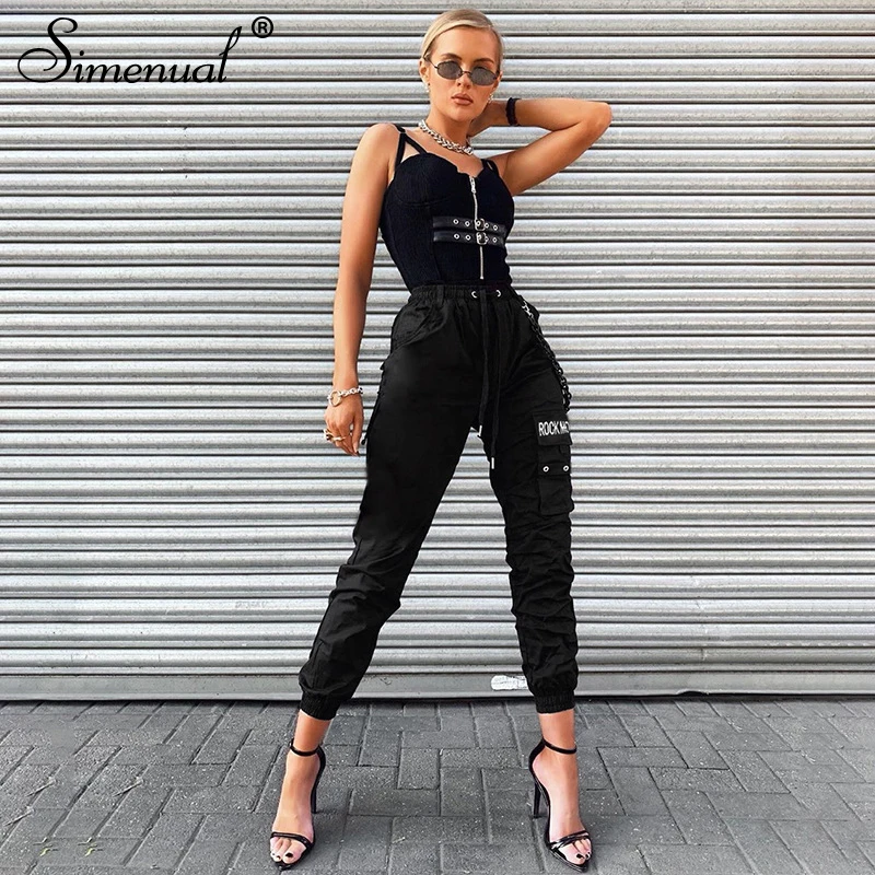 Simenual Streetwear Pocket Letter Cargo Pants Women High Waist Fashion Slim Long Trousers Casual 2019 Chain Harem Pants Harajuku Simenual Streetwear Pocket Letter Cargo Pants Women High Waist Fashion Slim Long Trousers Casual 2019 Chain Harem Pants Harajuku