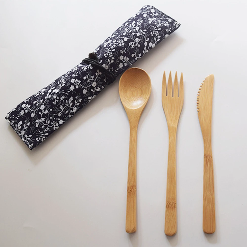 

Portable Bamboo Dinnerware Sets Fork 3 in 1 Camping Survival Set Outdoor Camping Picnic Tableware with Bag