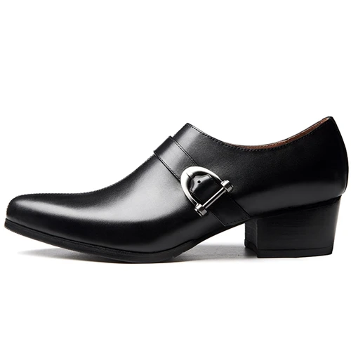 Итальянский дизайн; мужская повседневная обувь; лоферы из натуральной кожи на высоком каблуке с острым носком и ремешком; Мужская Свадебная обувь ручной работы на плоской подошве; SS472 - Цвет: Черный