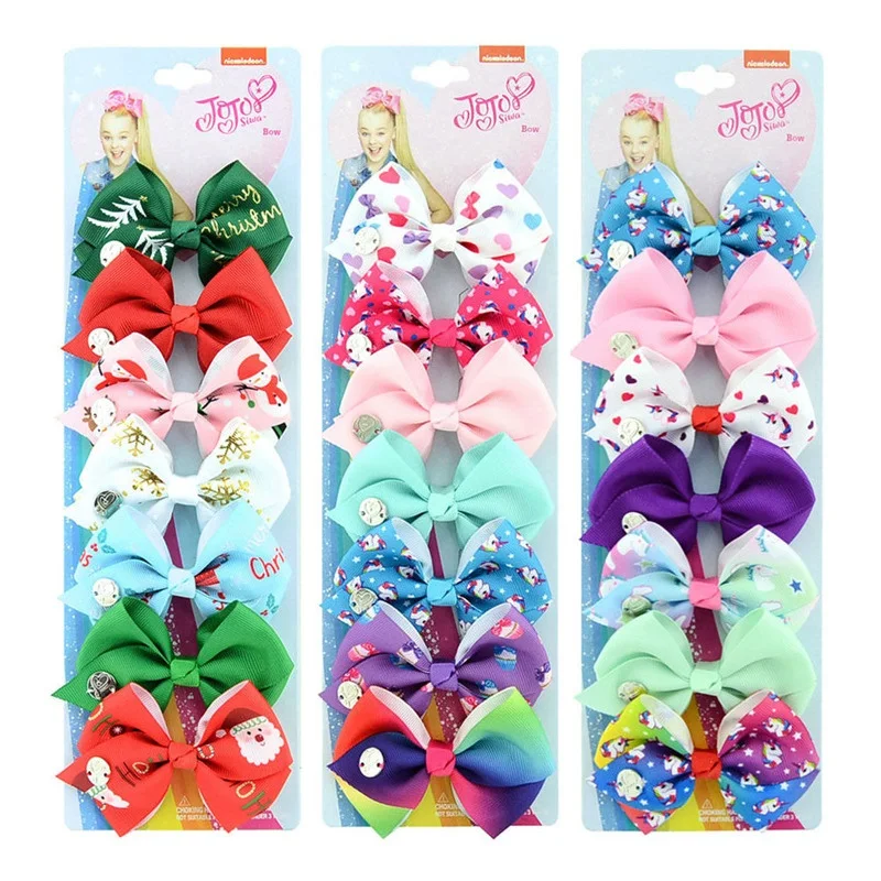 

7 Pcs Party Decoration Polyester Jojo Hair Bows for Baby Shower With Clips Handmade Metalic Printed Ribbon Knot Christmas Gift