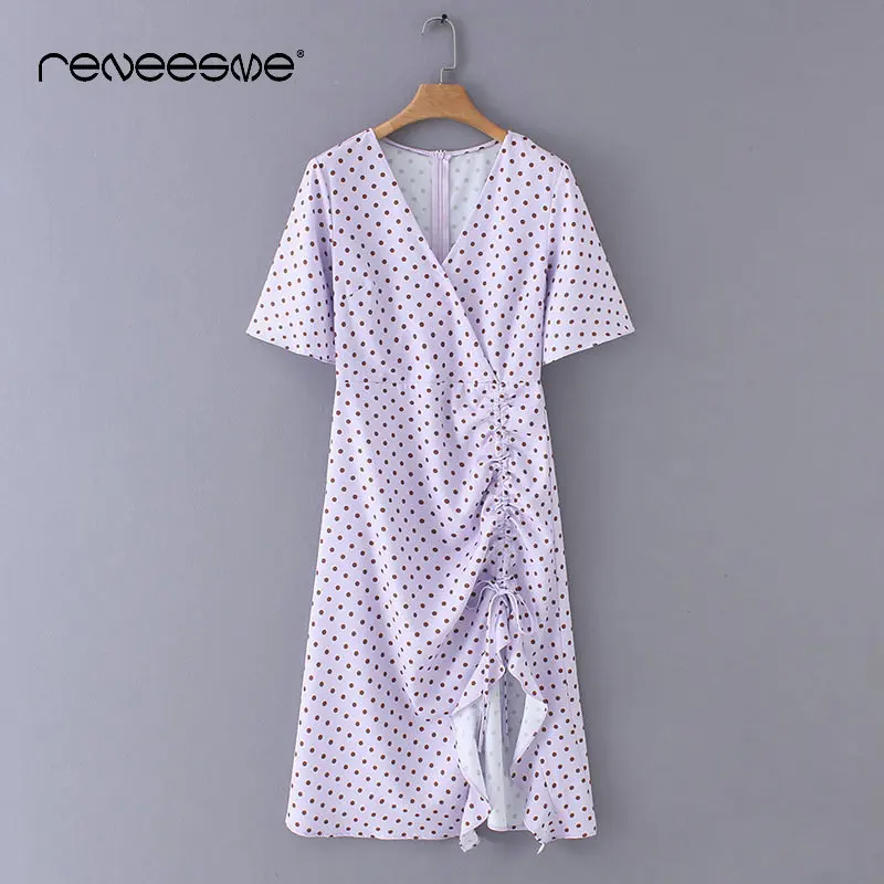

elegant summer new dot women dress short sleeve ruffles v neck back zipper pleated ladies dresses lace up chic vintage vestidos