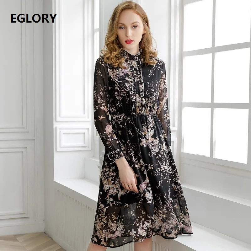 

High Quality Runway Dress 2019 Spring Summer Style Women Ruffled Collar Vintage Print Long Sleeve Black Pink Dress Casual Party