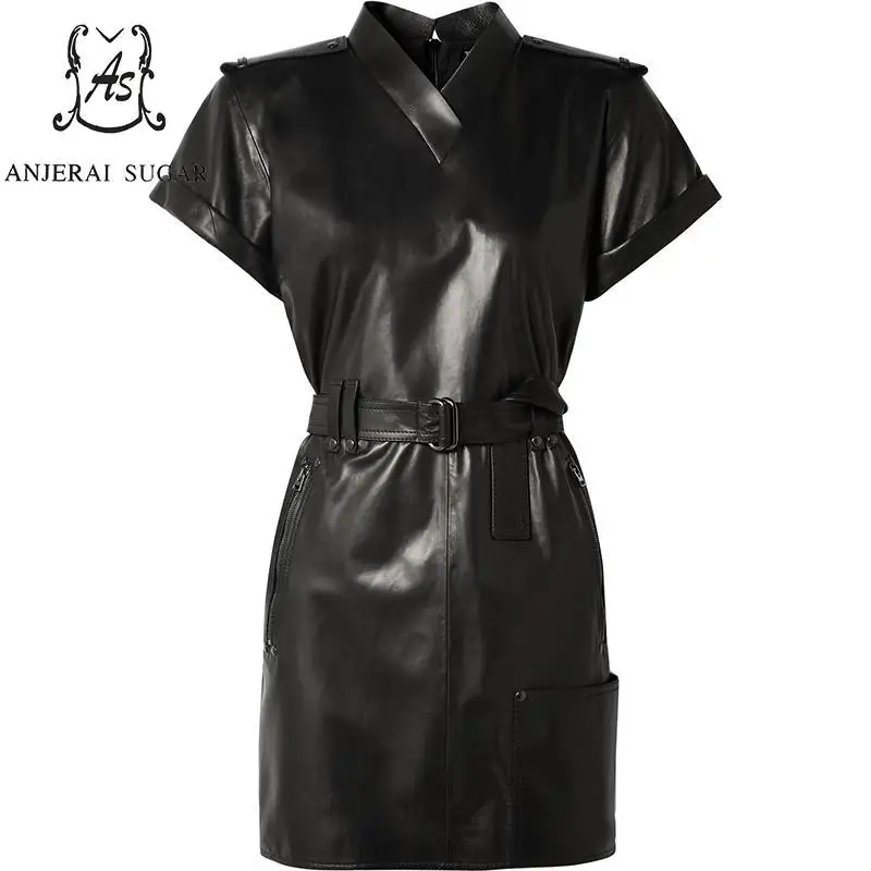 Весенне-осеннее женское платье из натуральной кожи черное сексуальное облегающее платье с поясом на молнии с коротким рукавом и v-образным вырезом женские платья из натуральной кожи