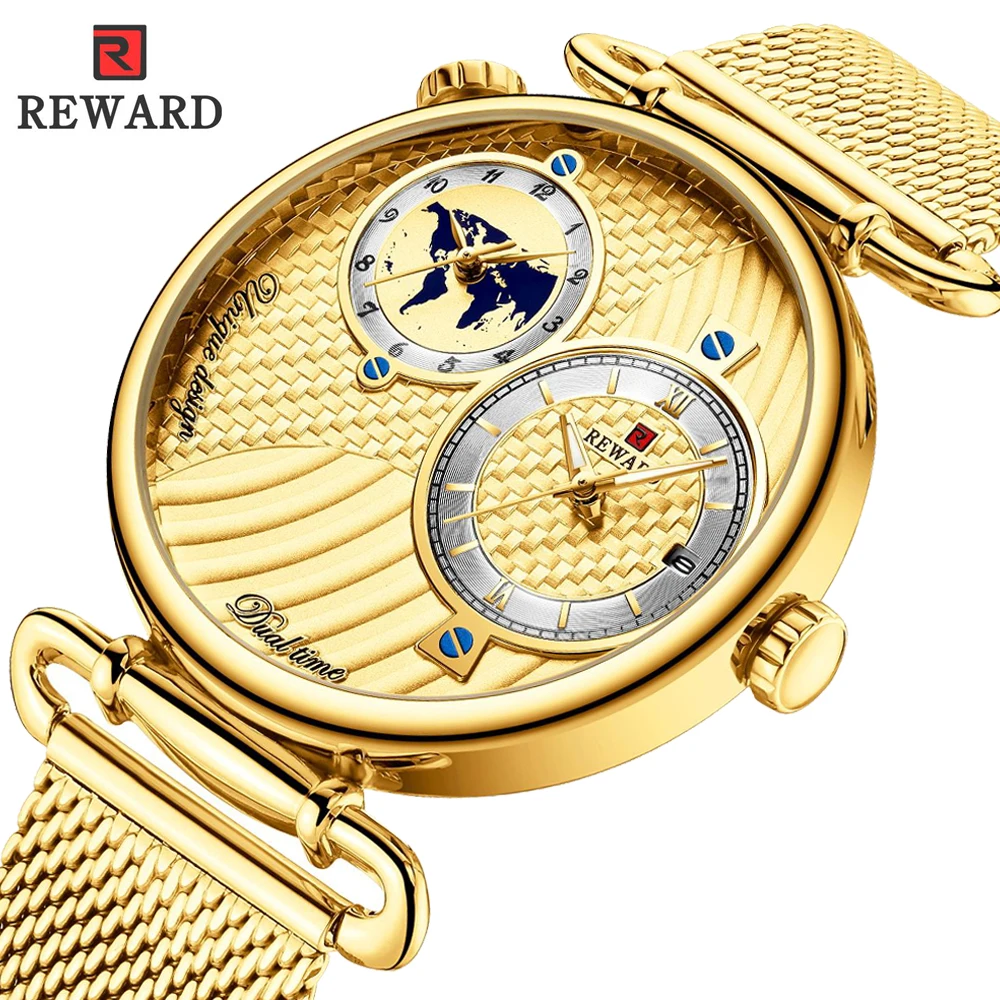 

REWARD Casual Watches Men Top Luxury Brand Mens Fashion Dual Dial Quartz Wristwatch High Quality Stainless Steel Gold Watch Man