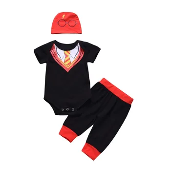 

3Pcs/set Red + Black Newborn Baby Boy Tie gentleman Short Sleeve Tops Romper Pants + Print Hat Outfits Set Clothes