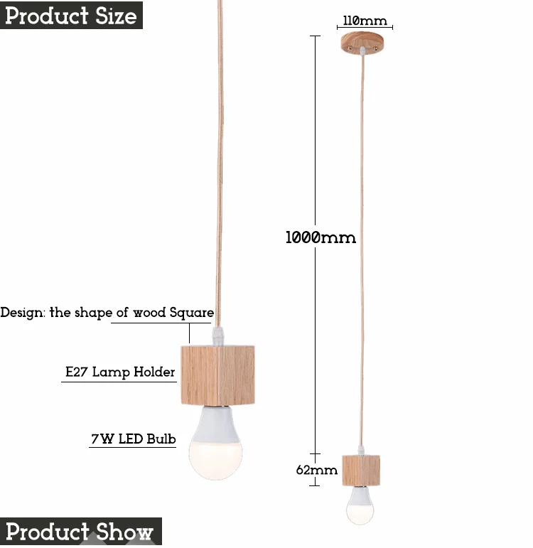 Деревянная квадратная чашка, светодиодная Подвесная лампа, цоколь E27, держатель лампы, винтажный Ретро подвесной светильник, винт, E27 разъем
