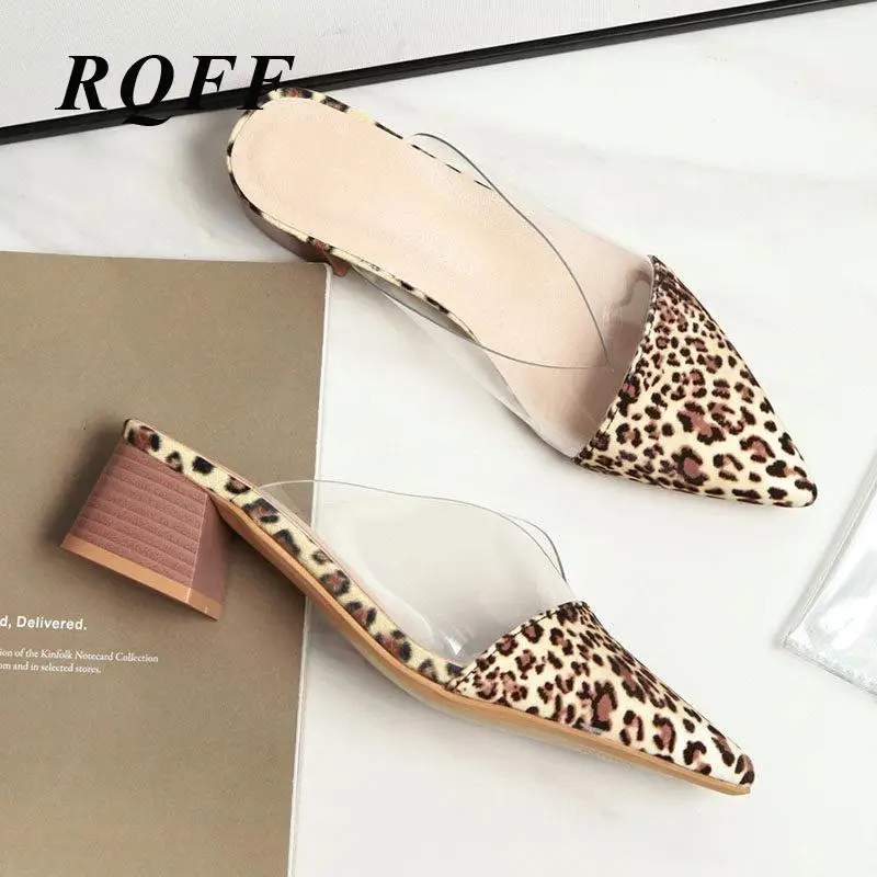 

RQFF Slip On Shoes For Women Leopard Outside Summer Woman Slippers Pointed Transparent Square Heel Beige Black Slides Handmade