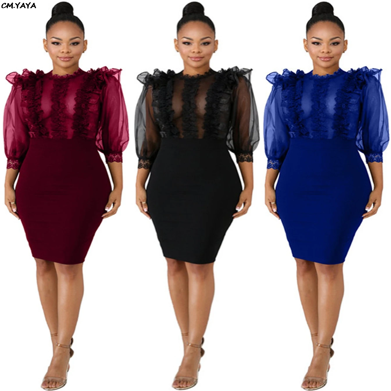 

2019 new women summer ruffles splcing see though bodycon midi dress sexy party club three quarter sleeve dresses GLLA3099