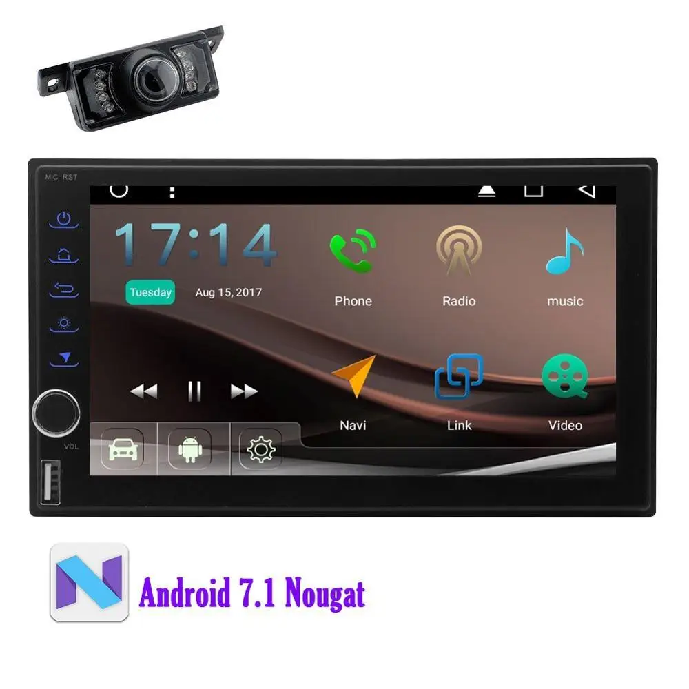 

7 inch Android 7.1 Car Stereo, GPS Navigation Unit, Bluetooth in Dash Autoradio support Wifi OBD2 Phone Mirror, Headunit+Camera