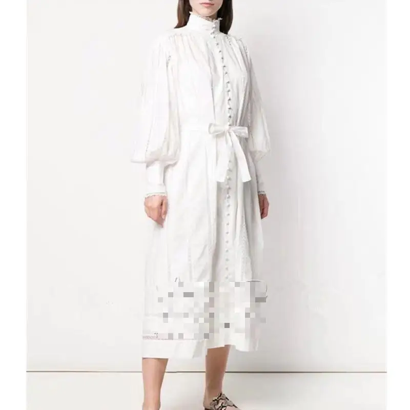 

Z-ZOUX Women Dress Lace Hollow Out Vintage Dresses Stand Collar Lantern Sleeve Bow Tie Shirt Dress Loose Long White Dresses 2019