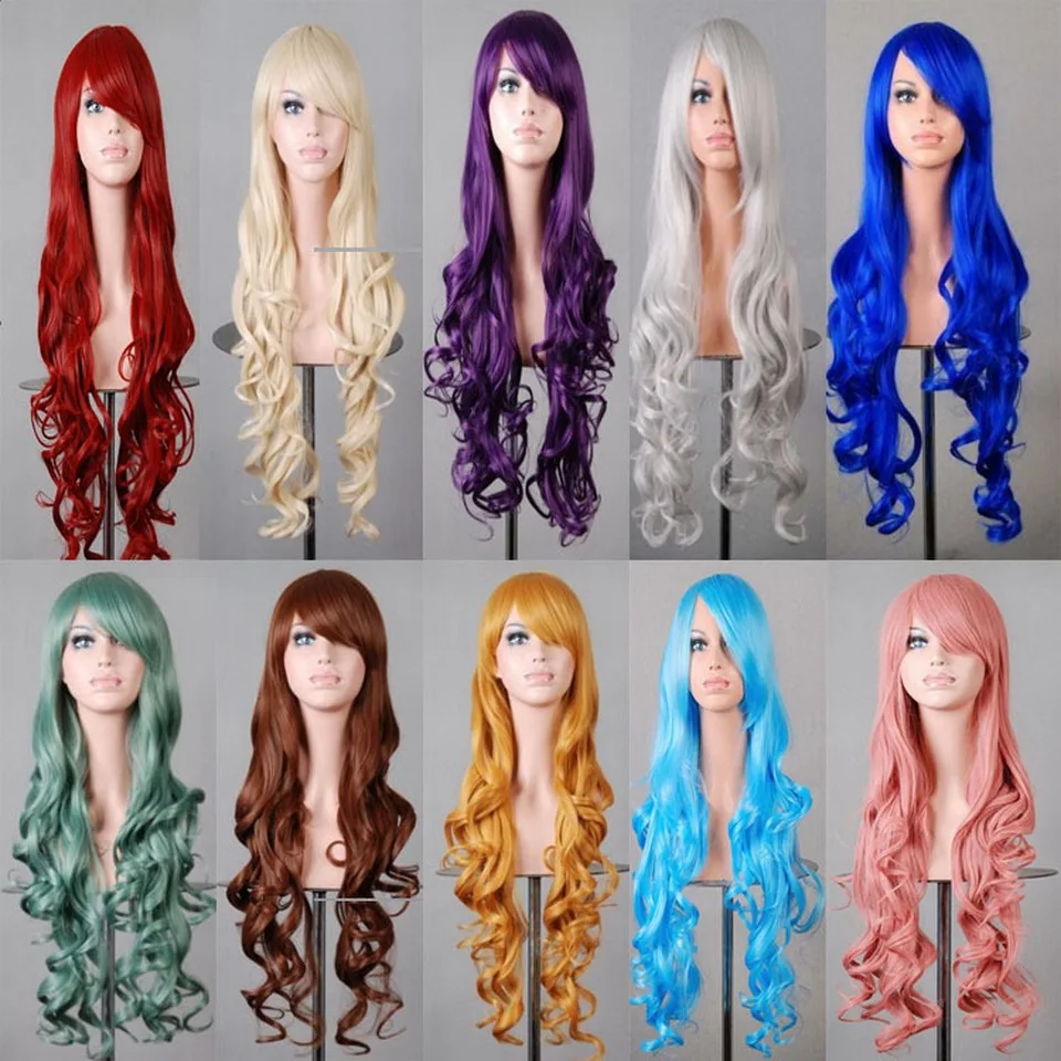 

80cm Fashion Blue Purple Red Black Long Wavy Synthetic Wig Lolita Anime Cosplay Woman Wigs For Halloween Costume Party 13 Colors