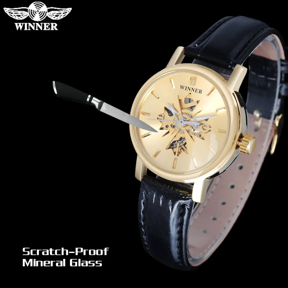 Часы скелетоны женские прозрачные золотистые на кожаном ремешке|leather band|leather