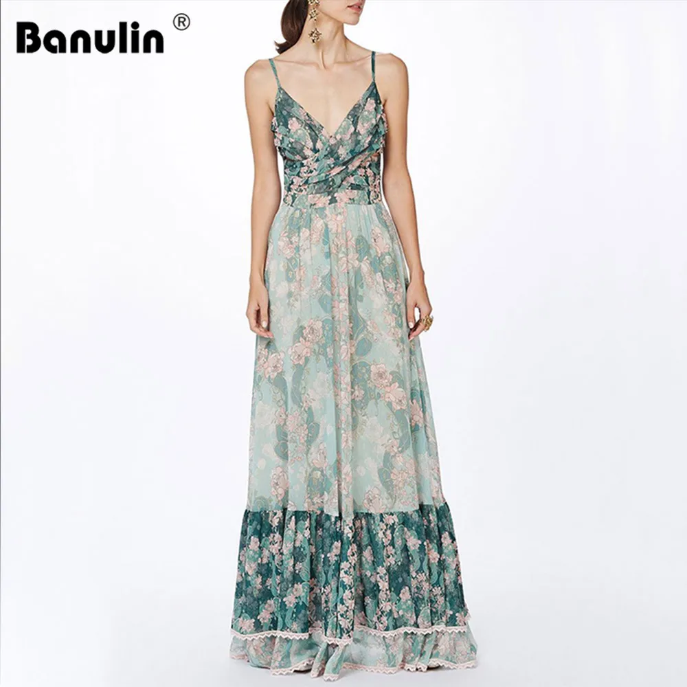 

Banulin Fashion 2019 Designer Runway Maxi Dress Women's Sleeveless Boho Floral Printed Lace Patchwork Long Dress Party Dresses
