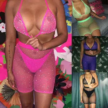 Sexy Bodydoll Women Rhinestone lingerie 2019 Mesh Fishnet Halter Bra High Waist Shorts Sequined Babydoll Sleepwear Underwear burgundy halter design cutout high waist lingerie set