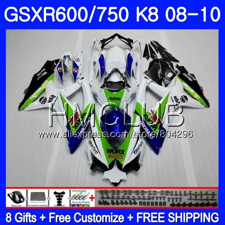 

Body For SUZUKI GSXR 600 GSXR 750 08 10 GSXR600 08 09 10 6HM.17 GSX-R750 GSXR-600 K8 GSXR750 2008 2009 2010 Fairing White green