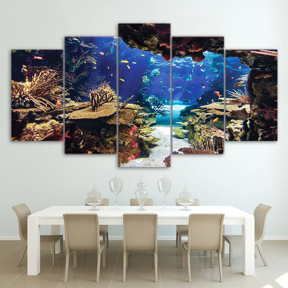 Home Decoration Wall Art Pictures Posters Frame 5 Panel Sea Fish Coral