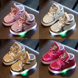 2019 детская обувь модная для маленьких девочек Hello Kitty со стразами Led обувь для маленьких девочек принцессы со светом детские кроссовки