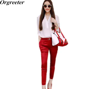 

Orgreeter Summer Women 2 Piece Pant Suit 2018 Casual White Chiffon V-neck Blouse Crop + Red Elastic pencil pants Trousers Suits