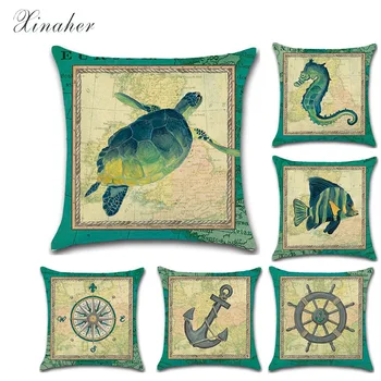 

Green seahorse turtle compass hand drawn Cotton Linen Throw Pillow Cushion Cover Car Home Decoration Sofa Decorative Pillowcase