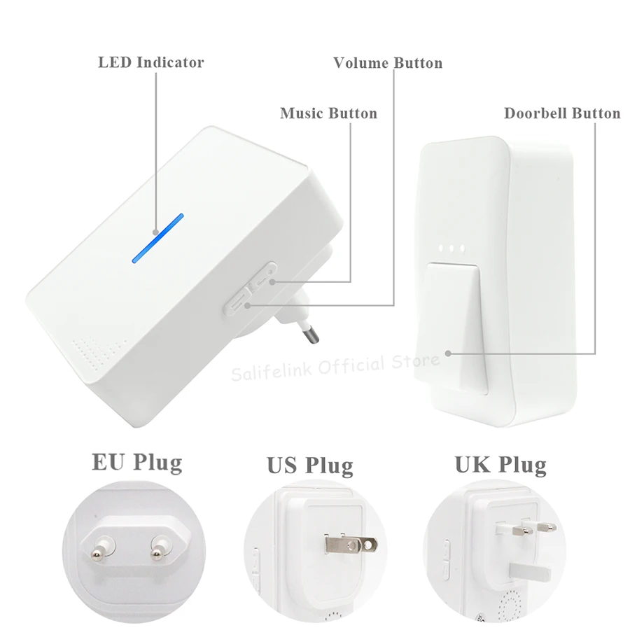 Salifelink Self Powered Waterproof Wireless DoorBell No Battery Need EU US UK Plug Home Ring Door Bell 1 2 Button 1 2 Receivers Salifelink Self Powered Waterproof Wireless DoorBell No Battery Need EU US UK Plug Home Ring Door Bell 1 2 Button 1 2 Receivers