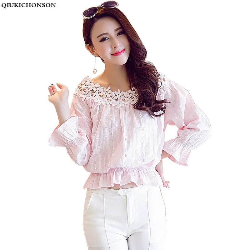 Pink Tops Ladies Cute Sweet Hollow Out Lace Patchwork Off Shoulder Blouse Women 2018 Summer Korean Beading Peplum Crop Tops велобандана buff thermonet solar wind pink s b 2018 19 117987 538 10 00