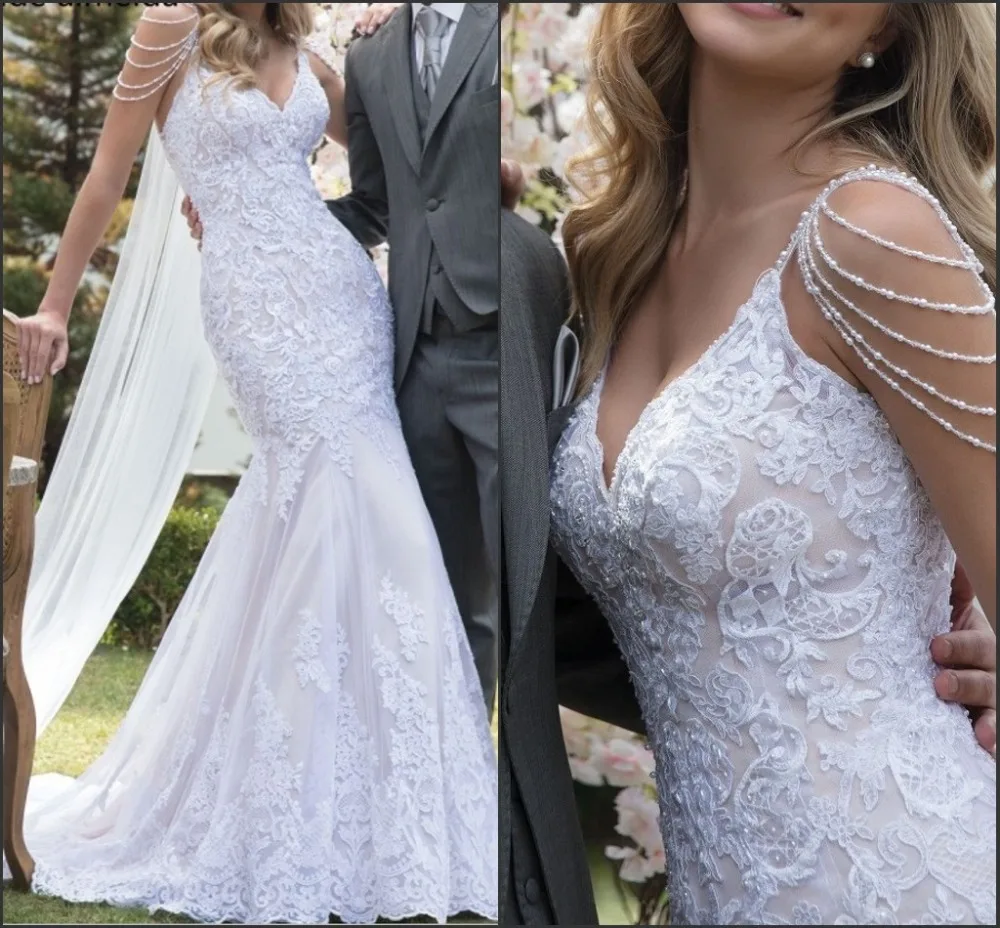 Vestido de noiva уникальные кружевные свадебные платья Русалка сексуальное платье невесты с v-образным вырезом на спине и жемчугом на тонких бретелях