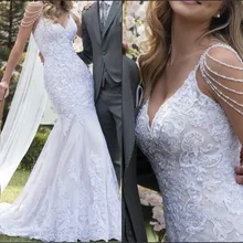 Vestido de noiva уникальные кружевные свадебные платья Русалка сексуальное платье невесты с v-образным вырезом на спине и жемчугом на тонких бретелях