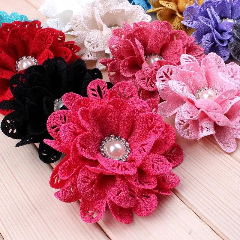 

MengNa 50pcs/lot,3.6inch Solid Fabric Flower With Rhinestone Pearl Center,Fabric Flower For Girls Kids Hair Clip headband