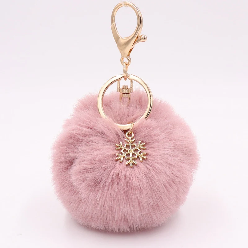 Пушистый искусственного меха кролика Софтбол помпоном Снежинка брелок для ключей Для женщин сумка Подвеска Шарм аксессуары Игрушка рождественские подарки - Цвет: Leather Pink