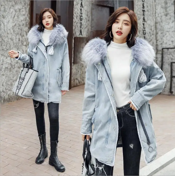 

Winter washed denim long jacket coats women thicken warm coat loose big fur collar lamb fur denim outerwear loose jeans coat