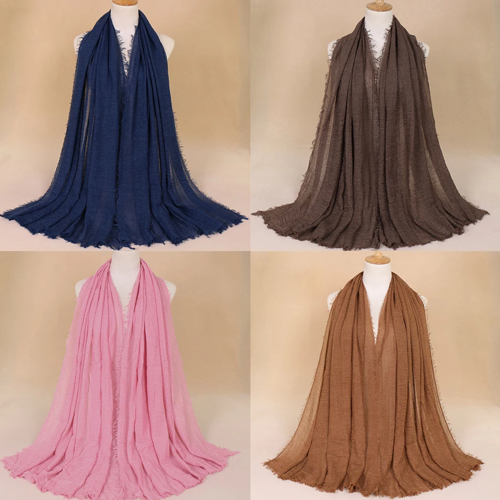 

Women Girls Crinkle Long Headscarf Solid Color Shawl Plain Wrap Cape Tassel Cotton Linen Scarf