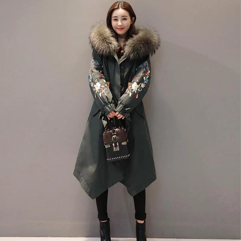 Winter Jacket Women 2018 Large Fur collar Hooded Down Jacket Thick Warm Loose Female Parkas embroidery Women Winter Coat LY1271