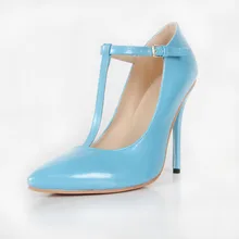 Blue Pointed Toe T-strap OL Shoes Buckle Stilettos Pump Escarpins Femmes Plus Size Cheap High Heel Pumps Made-to-order